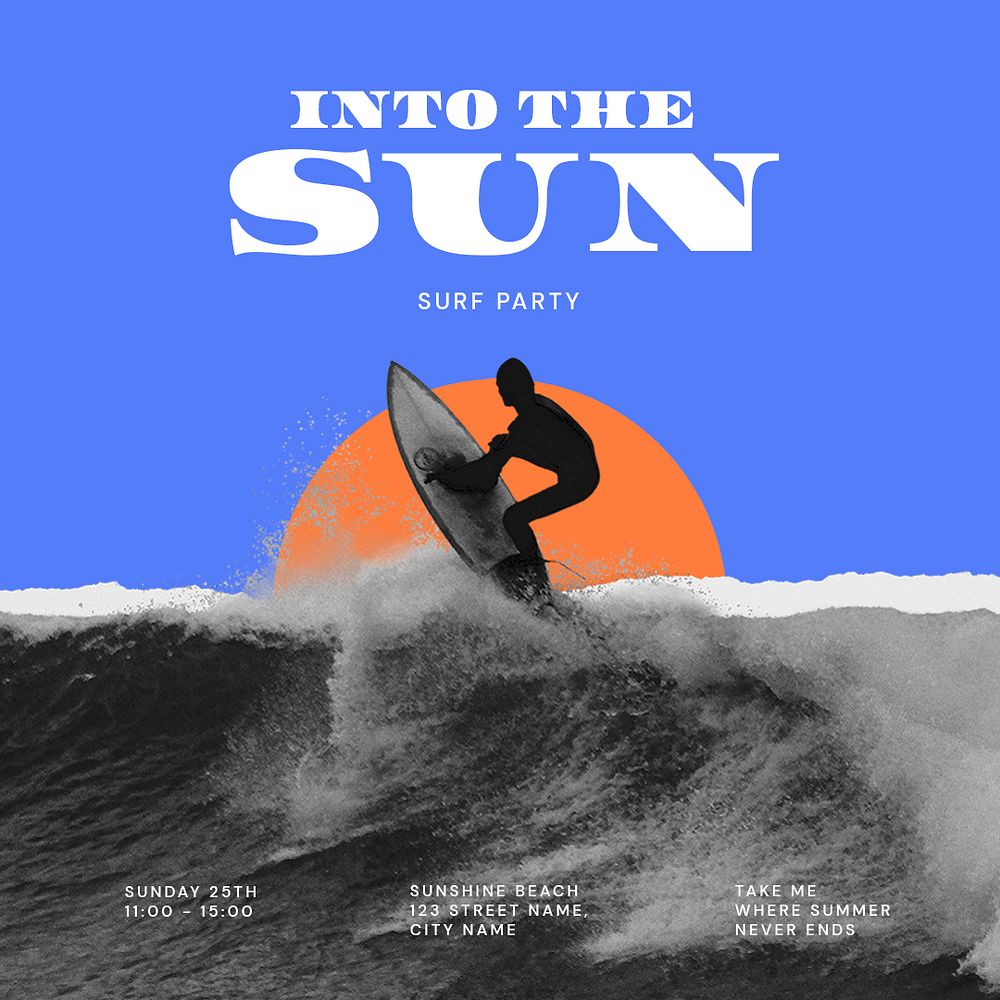 Surfing aesthetic Instagram post template, sunset remix psd