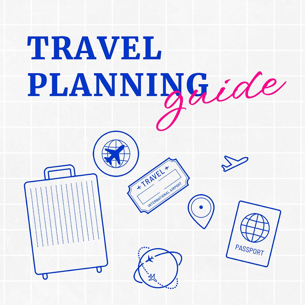 Travel planning  Facebook post template,  cute doodle design psd