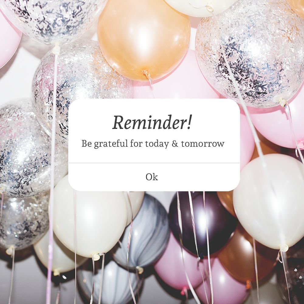 Party balloons Instagram post template, reminder notification aesthetic psd