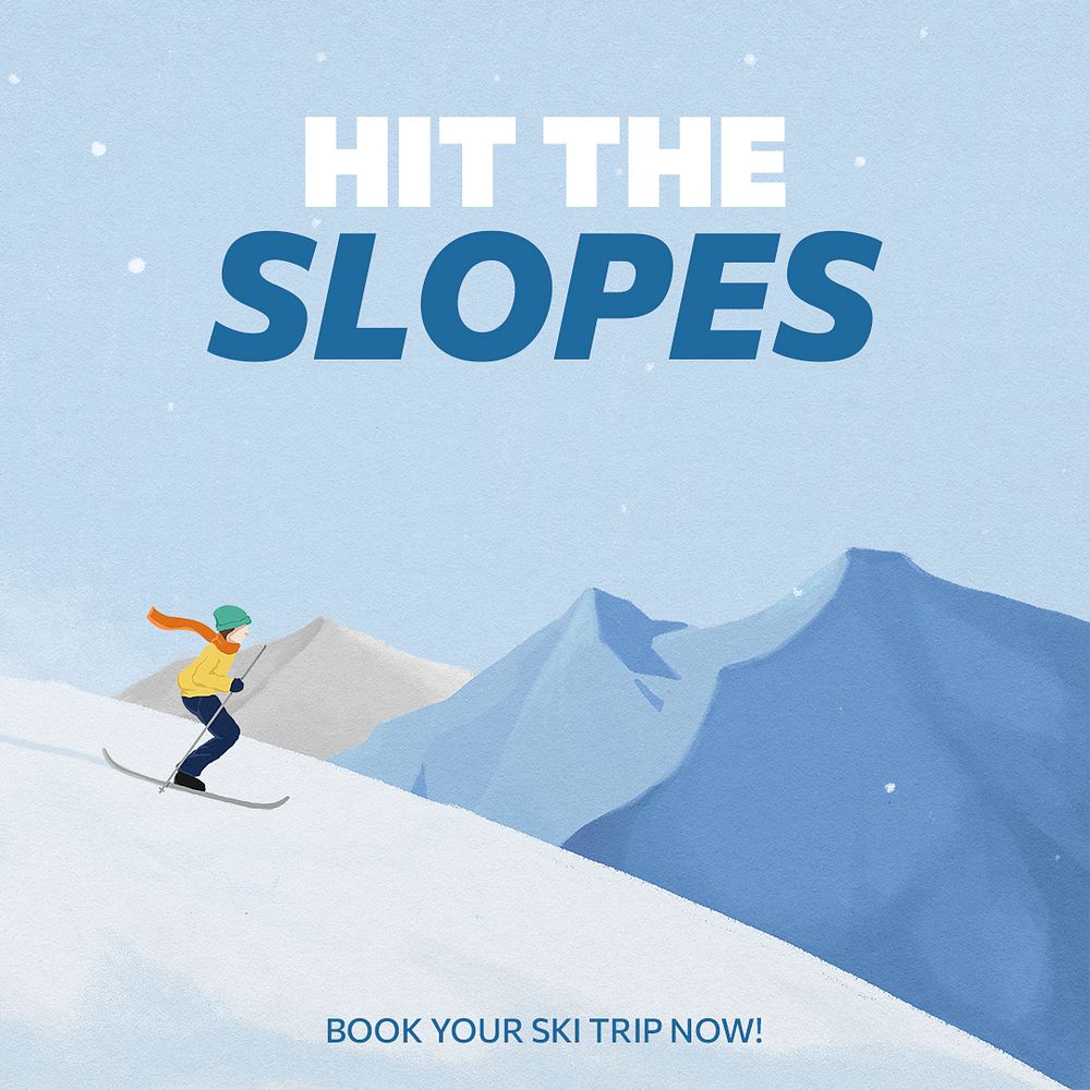 Winter skiing Instagram post template, travel agency ad psd