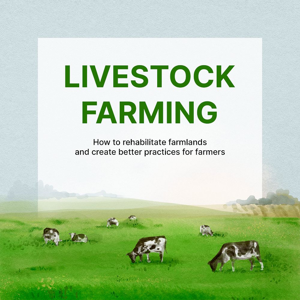 Livestock farming Instagram post template, watercolor landscape psd