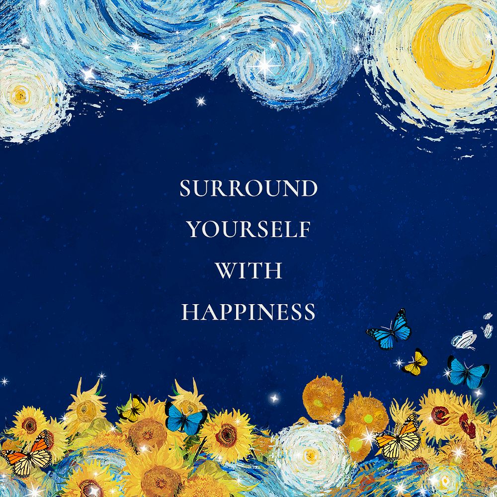 Happiness quote Facebook post template,  Starry Night painting remixed by rawpixel psd
