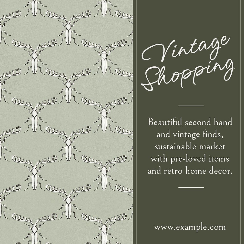Vintage shopping Instagram post template, green bug pattern psd, famous Maurice Pillard Verneuil artwork remixed by rawpixel