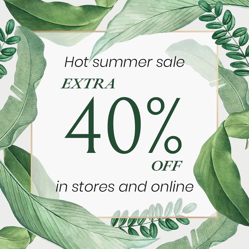 Summer sale facebook ad template, tropical leaves, editable text psd