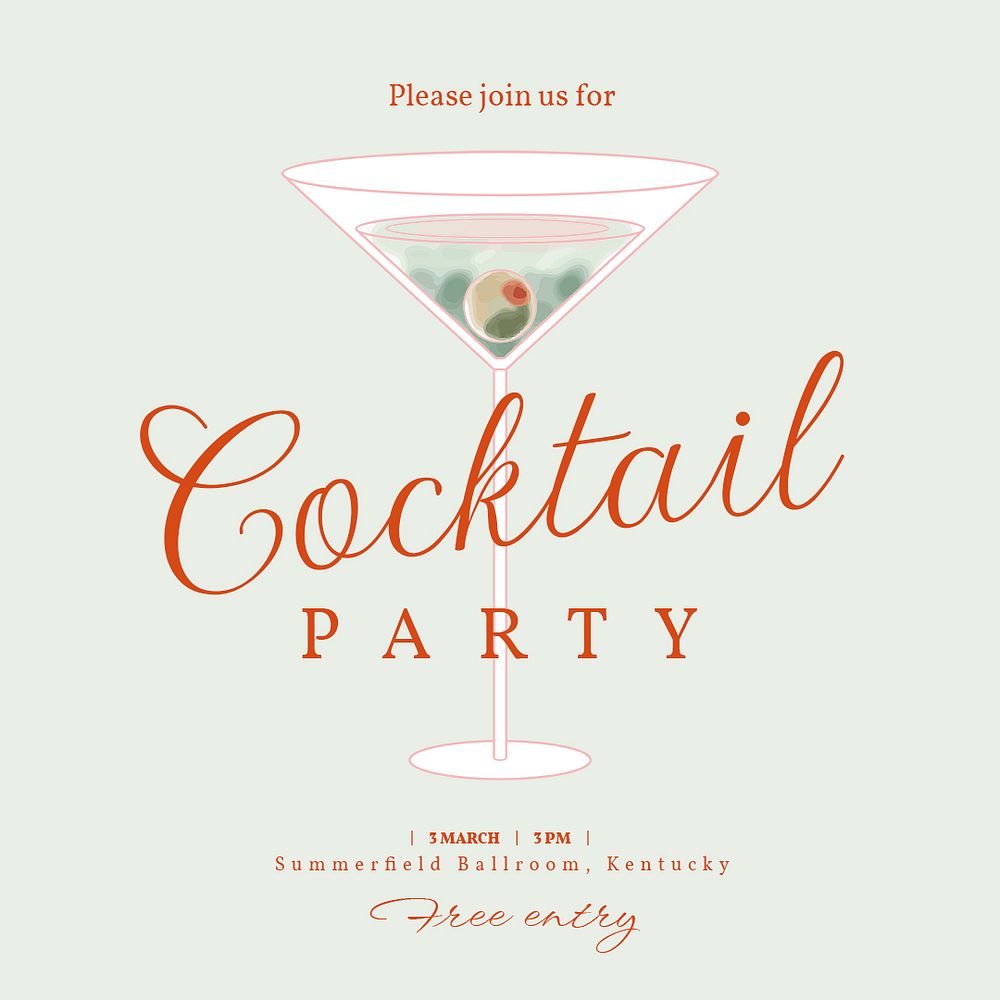 Cocktail party Instagram post template, editable text psd