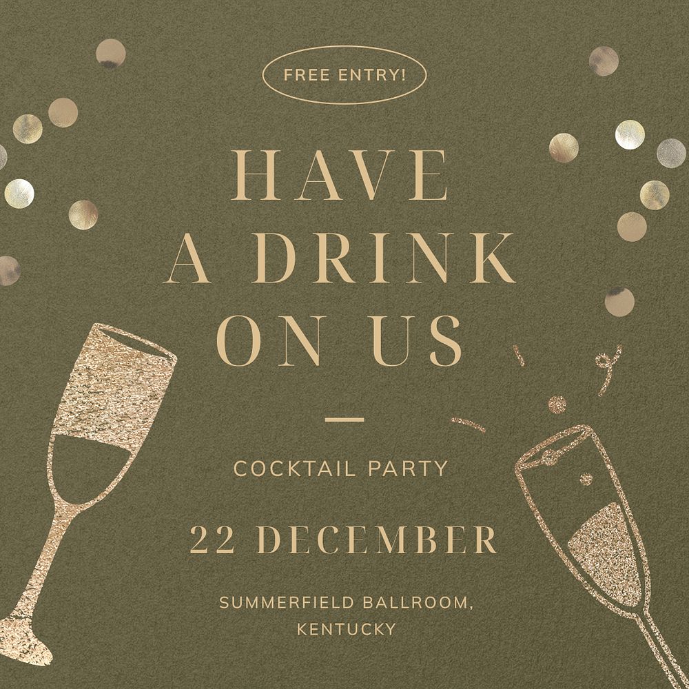 Cocktail party Instagram post template, editable text psd