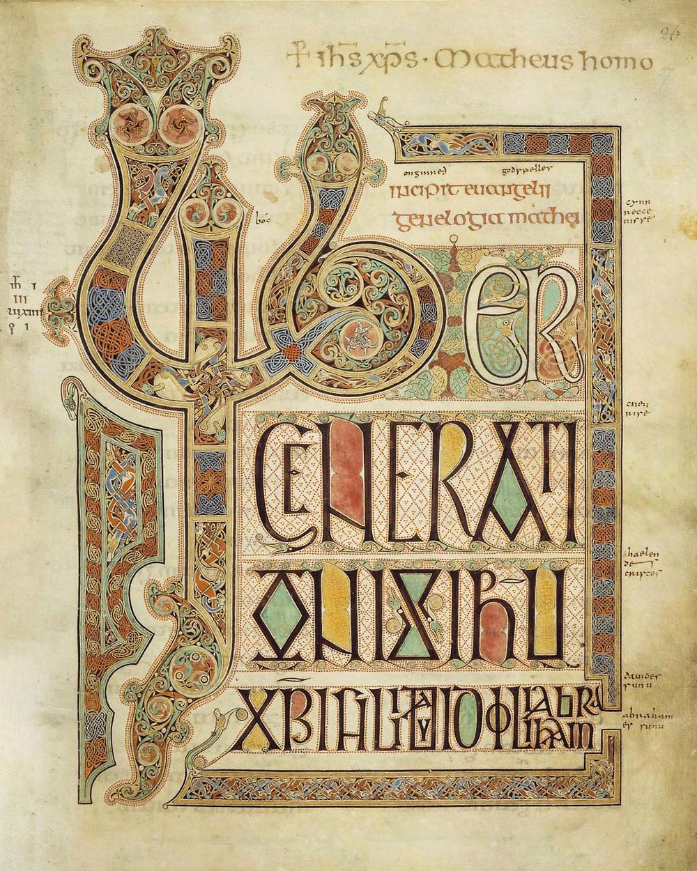 Folio 27r from the Lindisfarne Gospels, incipit to the Gospel of Matthew. The main text contains the first sentence of the…