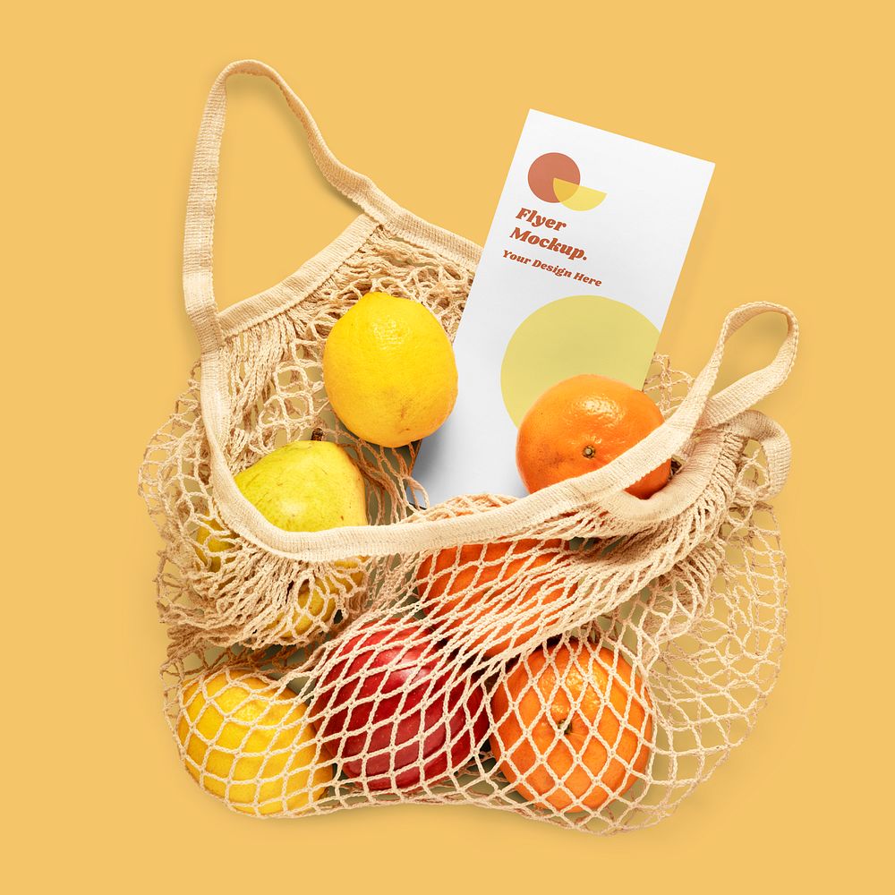 Flyer mockup in a reusable net bag with fruits