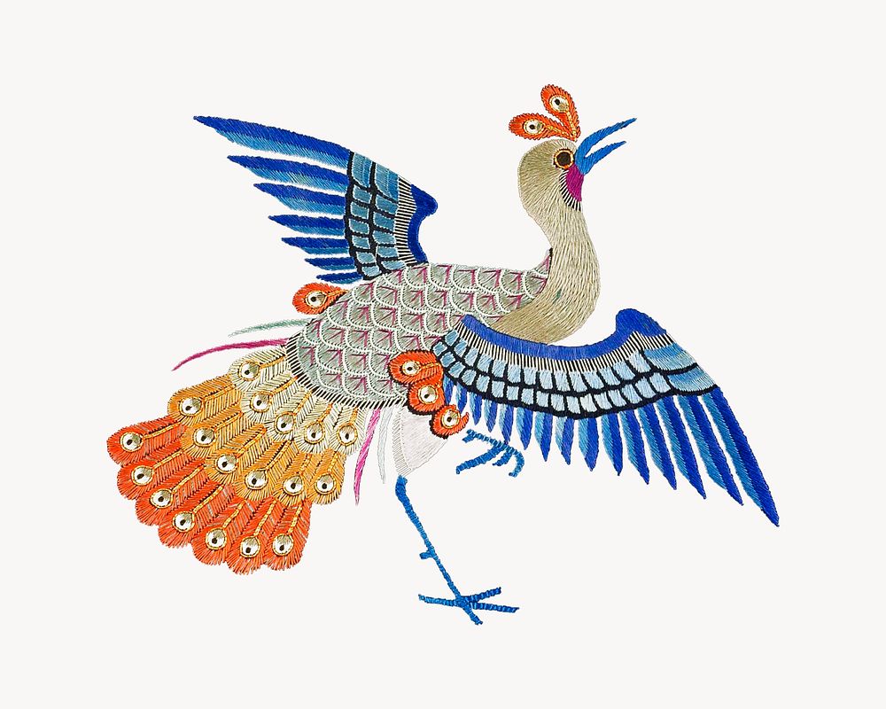 Chinese peacock, embroidered animal. Original public domain image. Digitally enhanced by rawpixel.