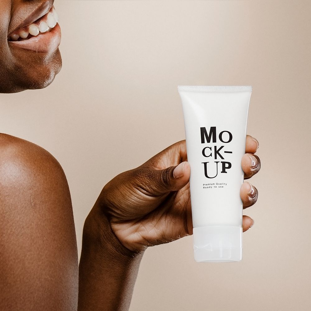 Happy black woman with a container mockup