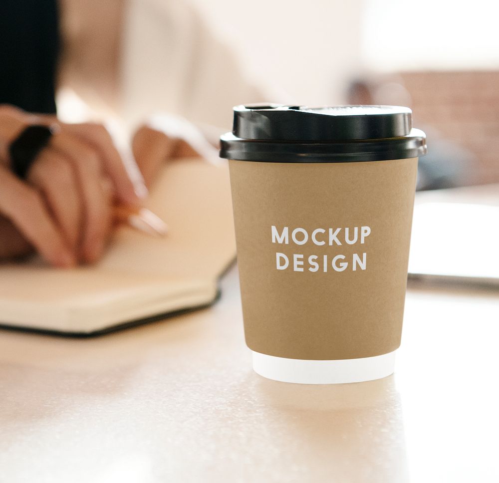 Takeaway coffee cup with black plastic lid mockup