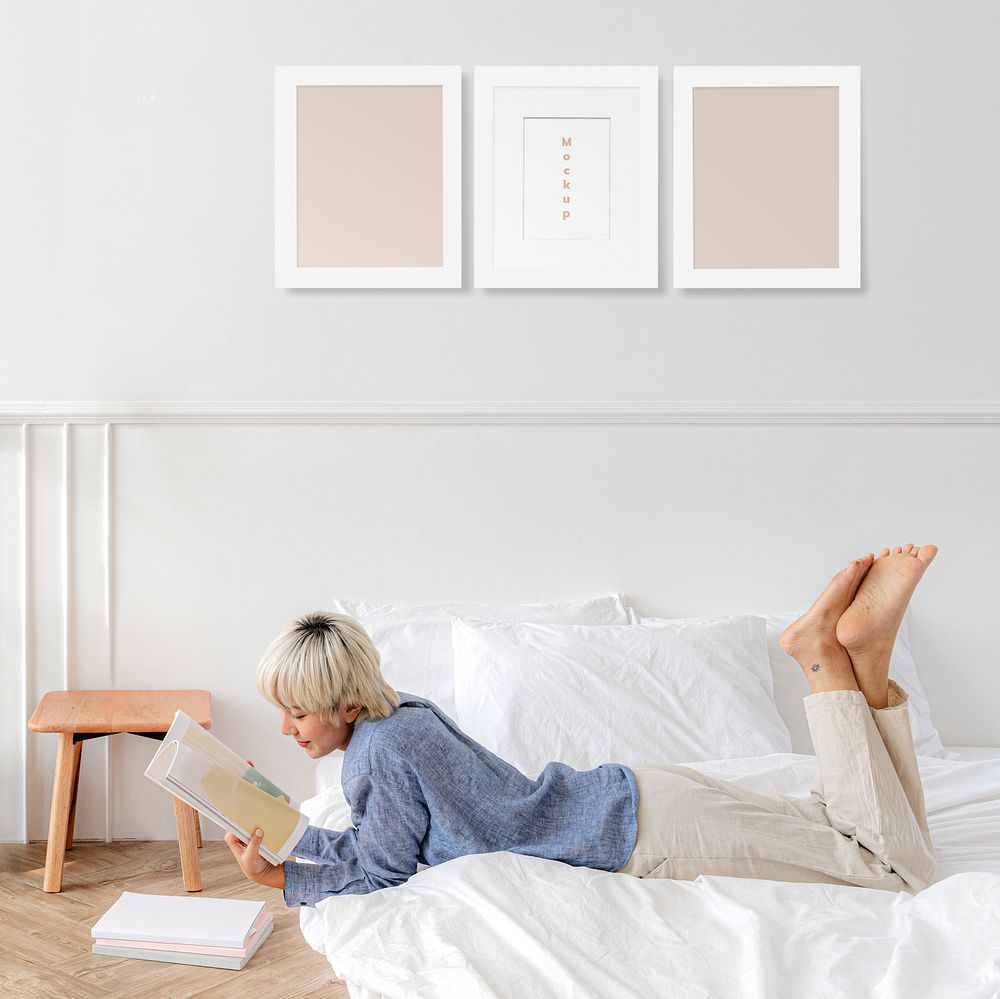Picture frame mockups in a white bedroom