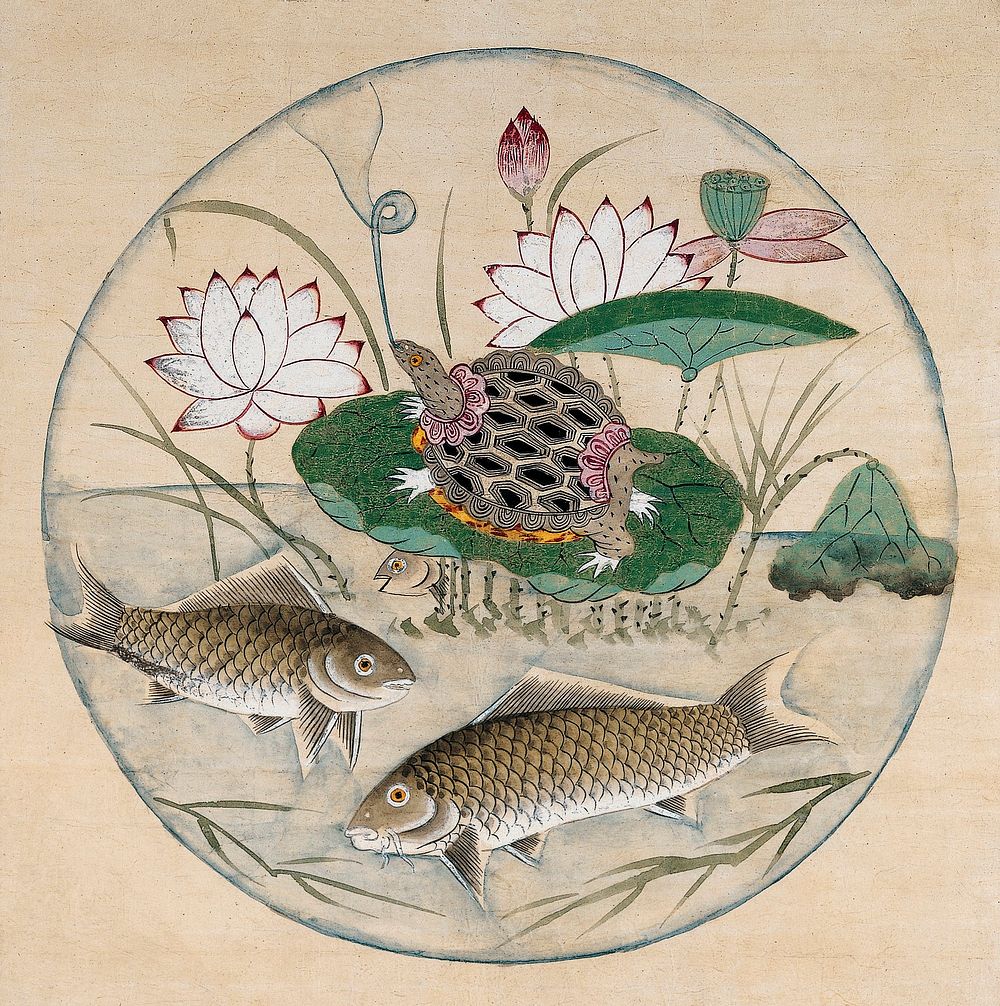 Lotus and fishes (19th century) vintage Japanese painting . Original public domain image from the Minneapolis Institute of…