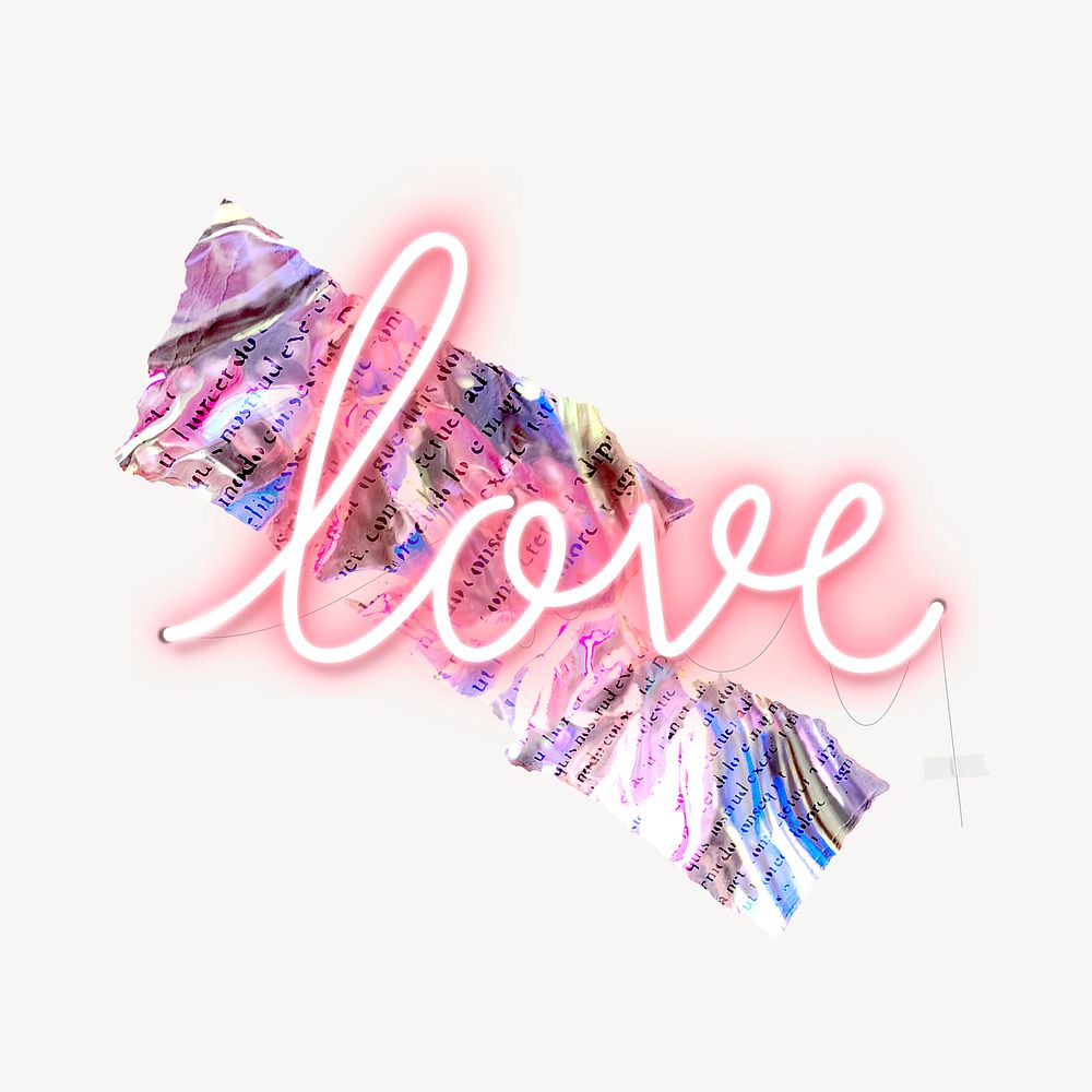 Love word, neon typography collage element psd