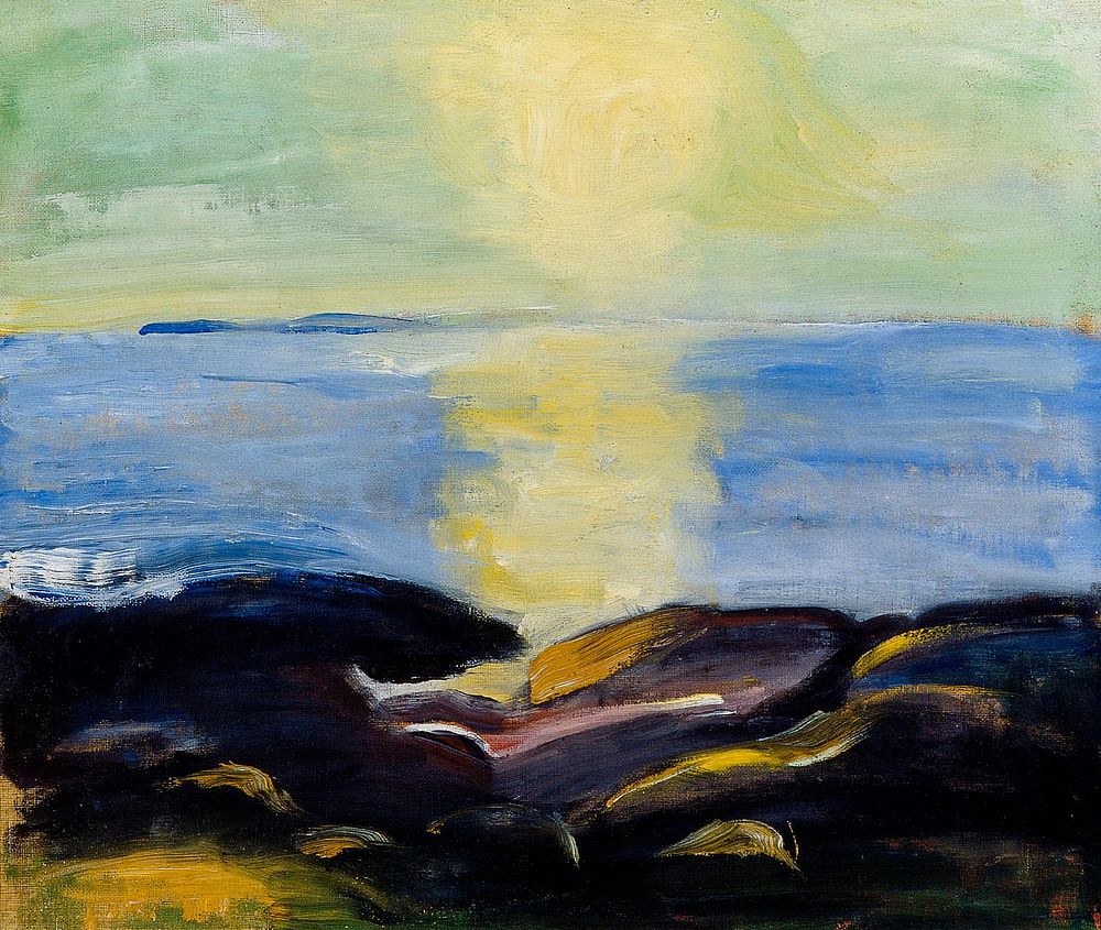 Sun rising at the ocean, oil painting. Original public domain image by Juho Mäkelä from Finnish National Gallery. Digitally…