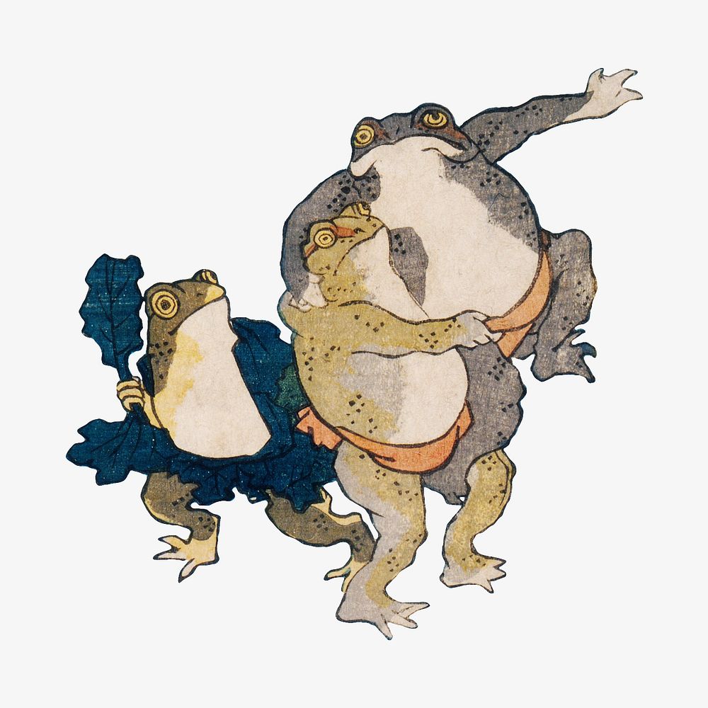 Famous Heroes of the Kabuki Stage Played by Frogs, Japanese ukiyo-e woodblock print by Utagawa Kuniyoshi. Remixed by…