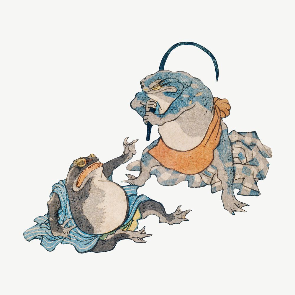 Famous Heroes of the Kabuki Stage Played by Frogs psd, Japanese ukiyo-e woodblock print by Utagawa Kuniyoshi. Remixed by…