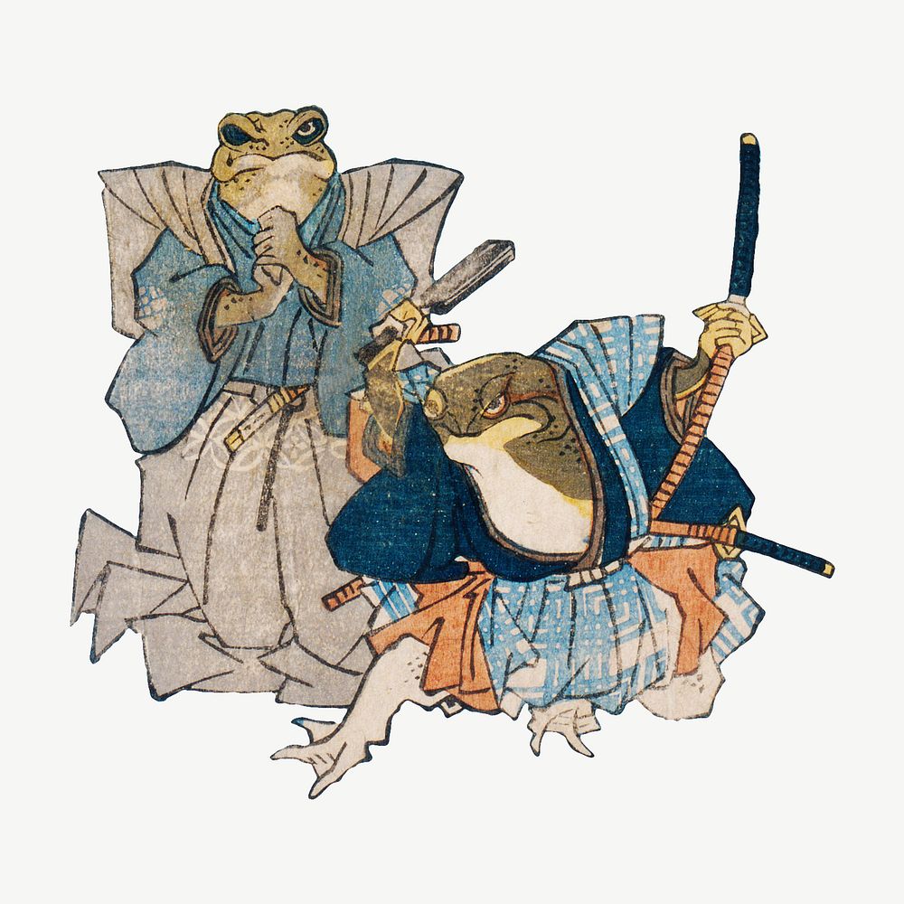 Famous Heroes of the Kabuki Stage Played by Frogs psd, Japanese ukiyo-e woodblock print by Utagawa Kuniyoshi. Remixed by…