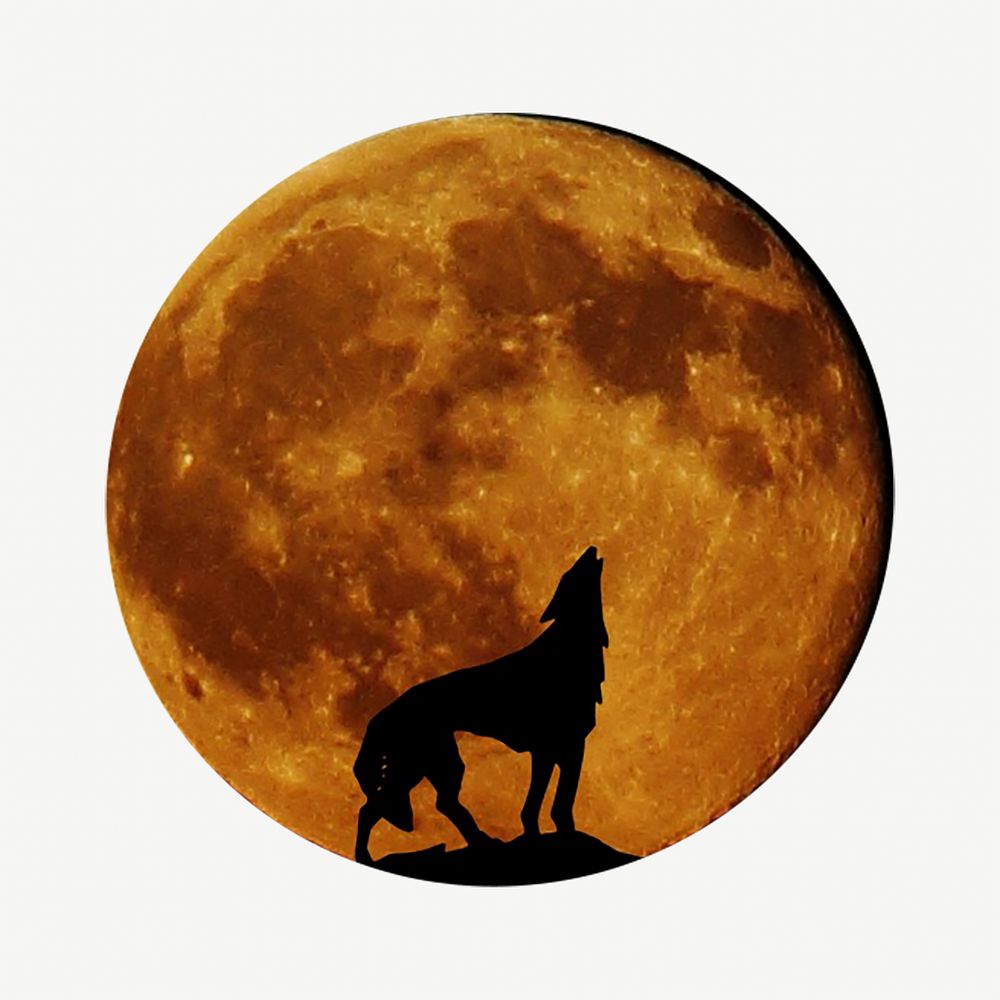 Wolf & moon collage element, isolated image psd