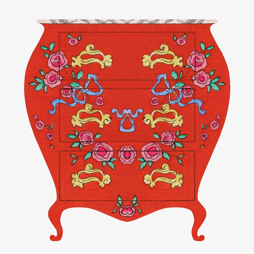 Vintage red floral drawer, wooden furniture illustration.  Remastered by rawpixel.