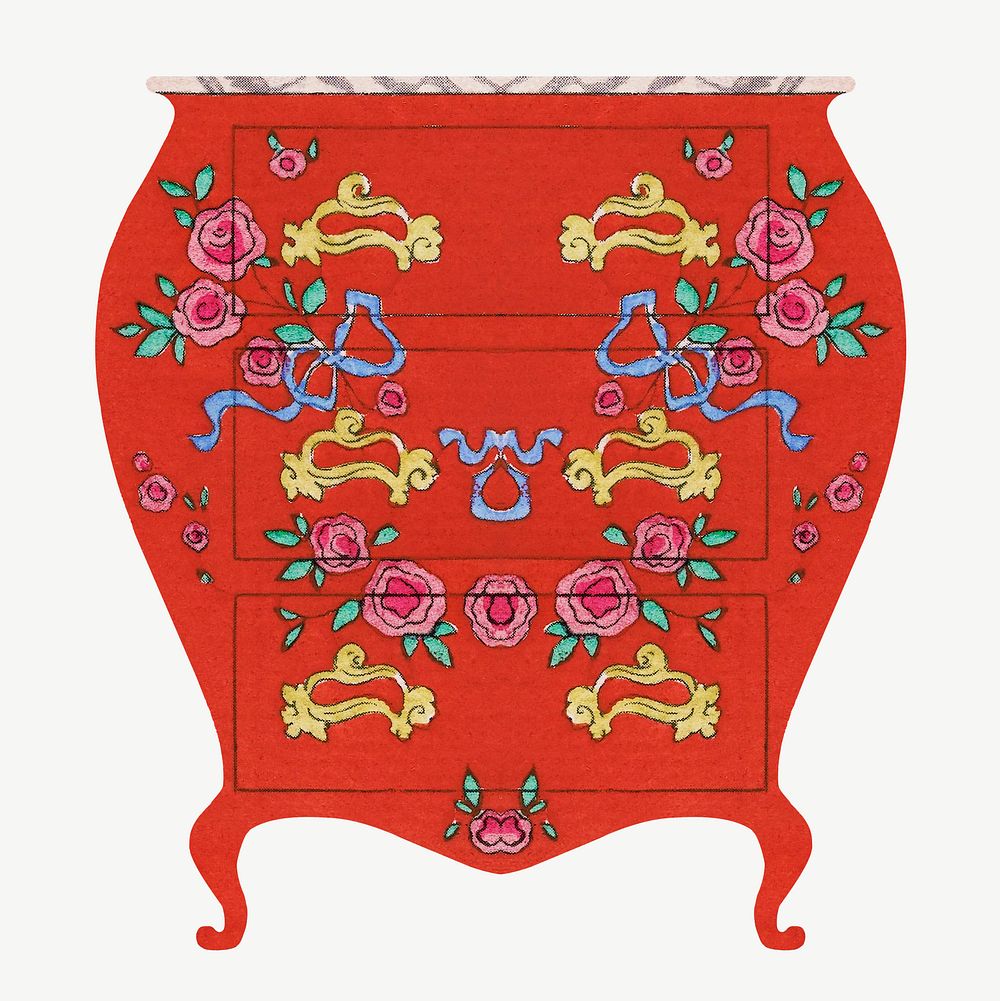 Vintage red floral cabinet, wooden furniture clipart psd. Remastered by rawpixel.