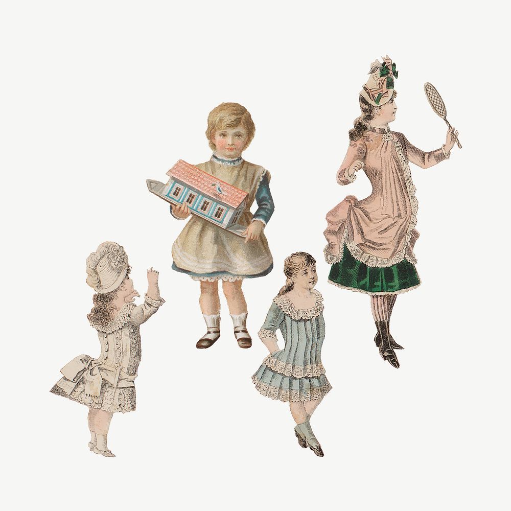 Victorian girls with toys, vintage collage element psd. Remastered by rawpixel.
