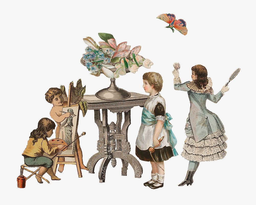 Victorian girls play date, vintage collage element. Remastered by rawpixel.