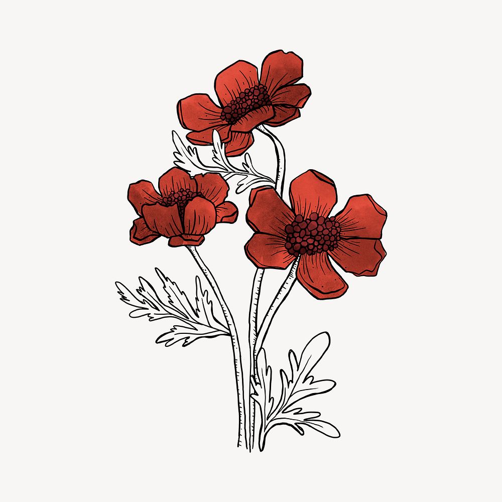Red flower branch collage element psd