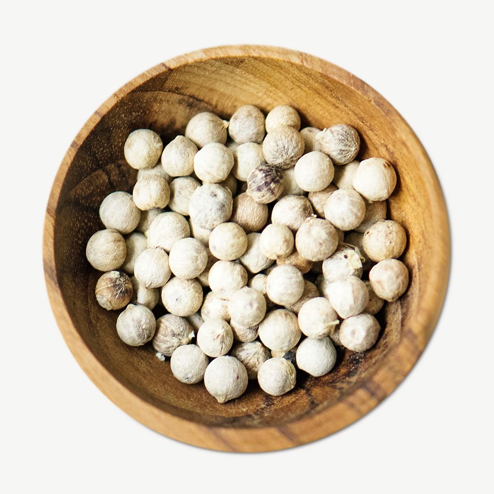 White pepper in wooden bowl collage element psd