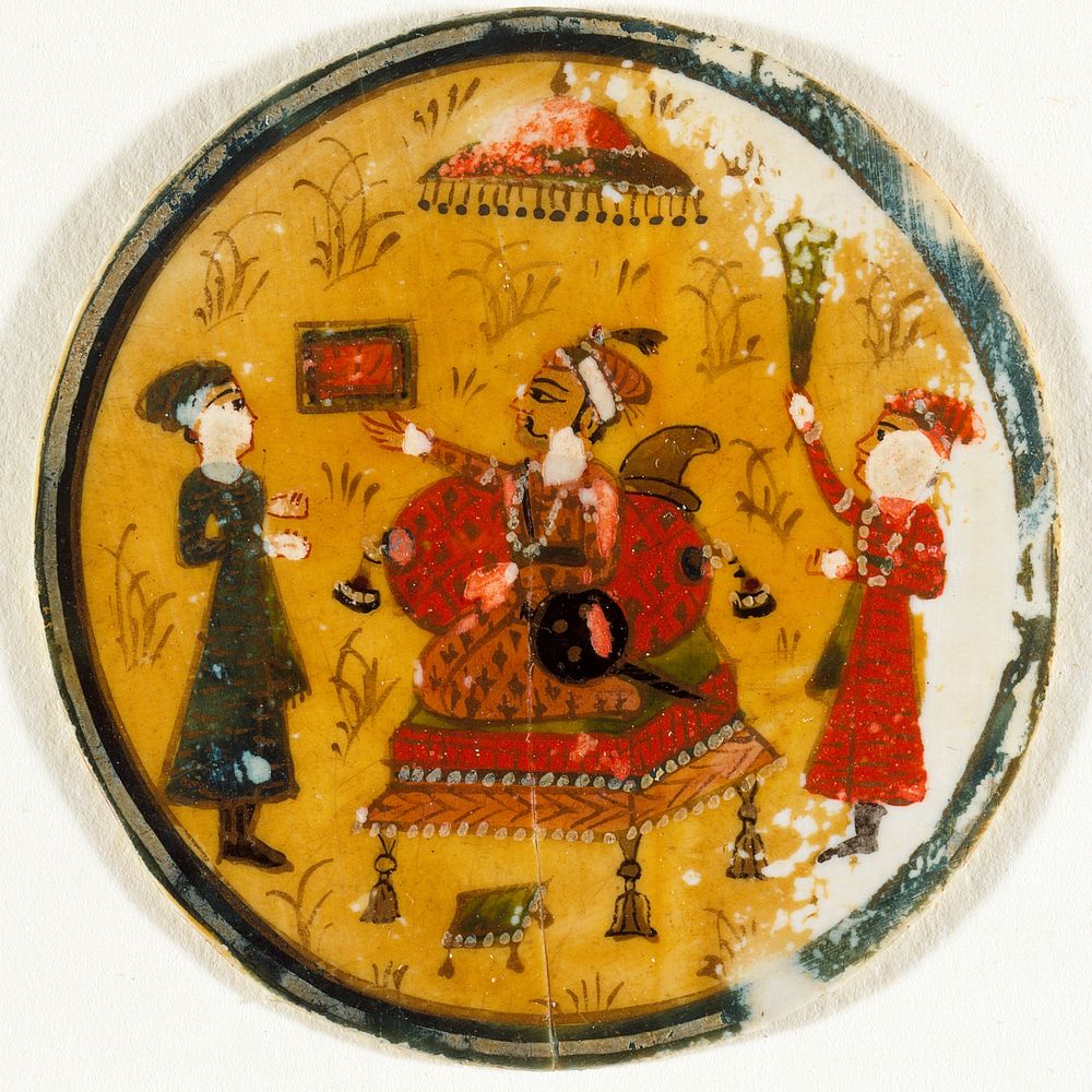 A King Handing a Royal Document to His Minister, King of the Barat (Document) Suit, Playing Card from a Mughal Ganjifa Set