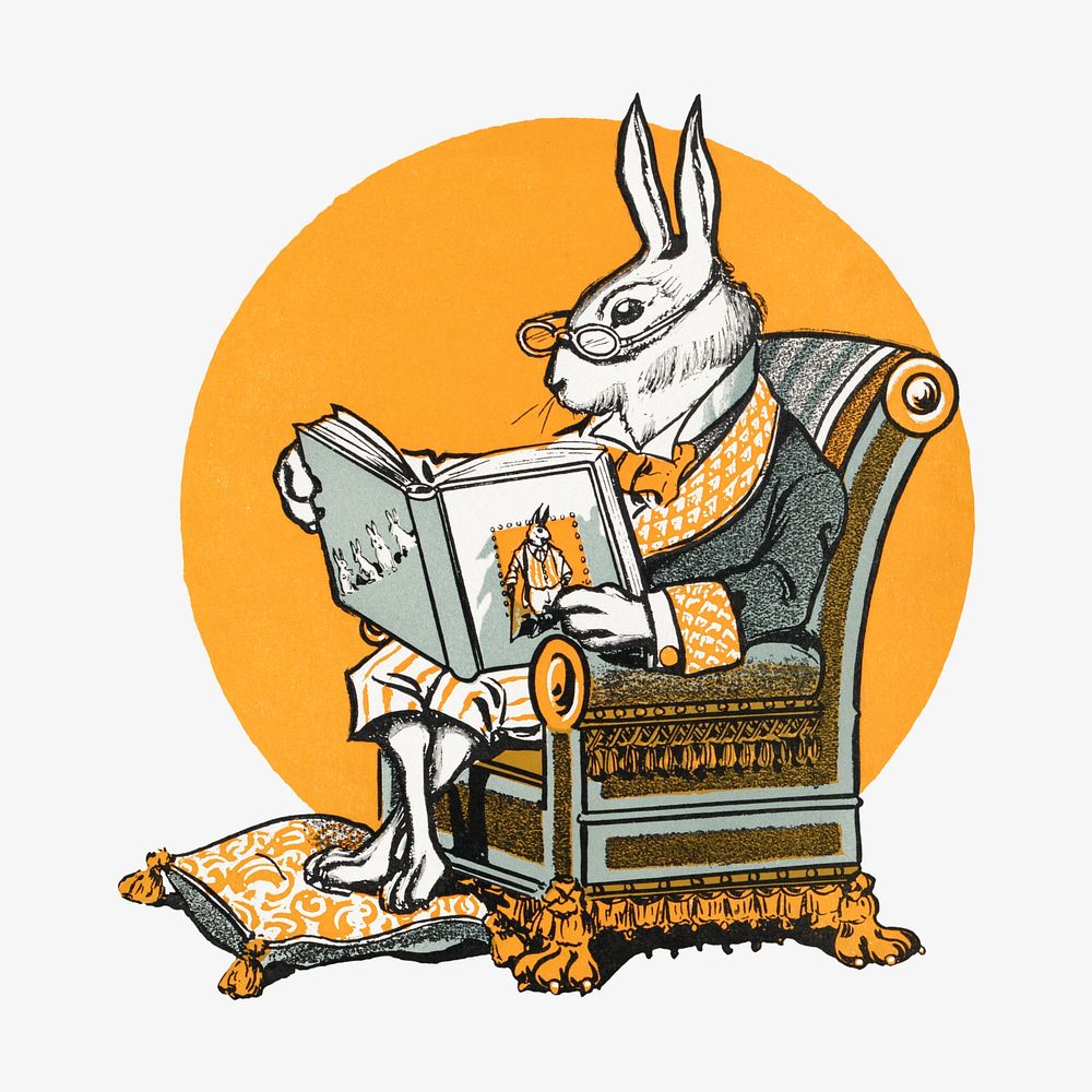 Mr Bunny, his book, rabbit illustration by W.H. Fry. Remixed by rawpixel.