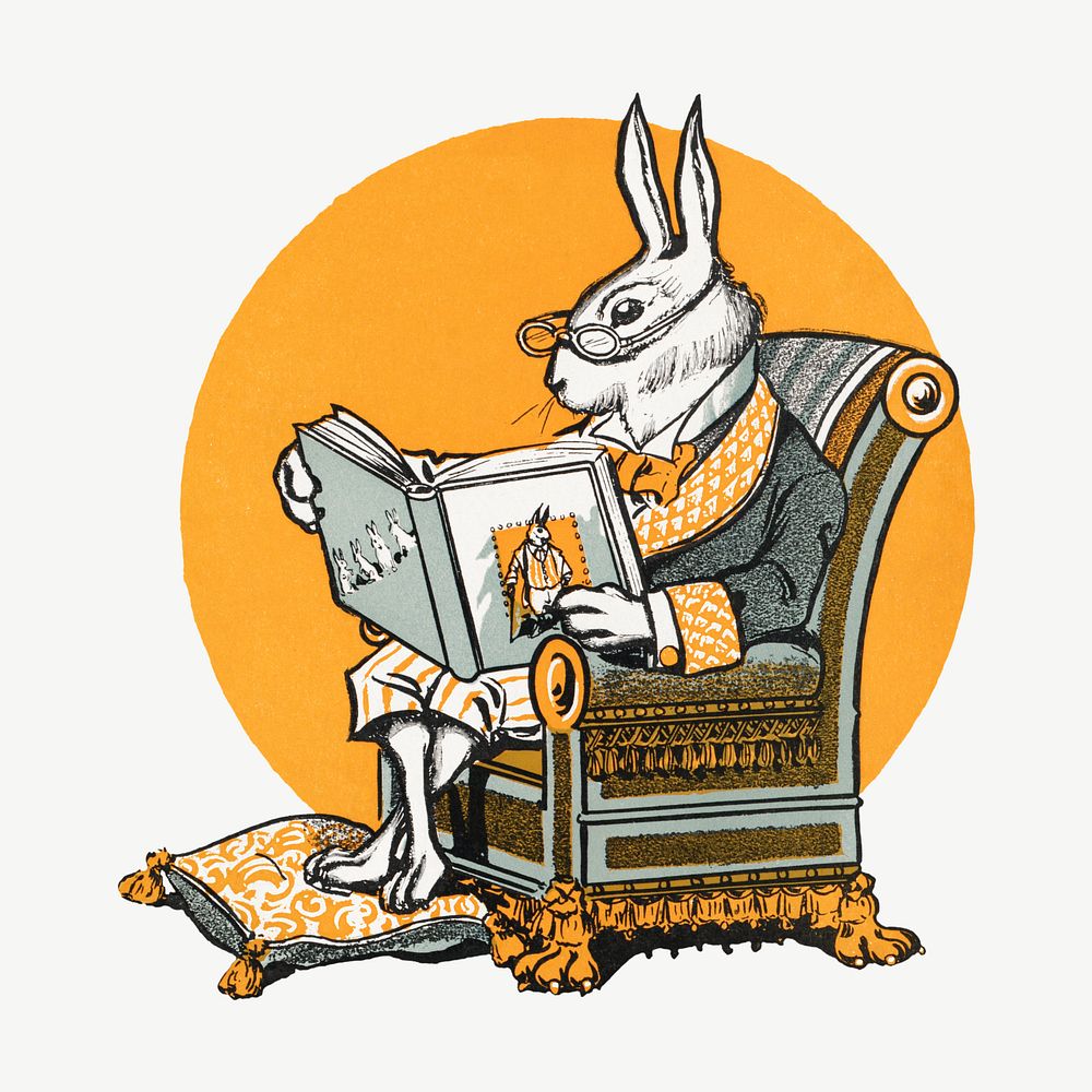 Mr Bunny, his book, rabbit illustration by W.H. Fry psd. Remixed by rawpixel.