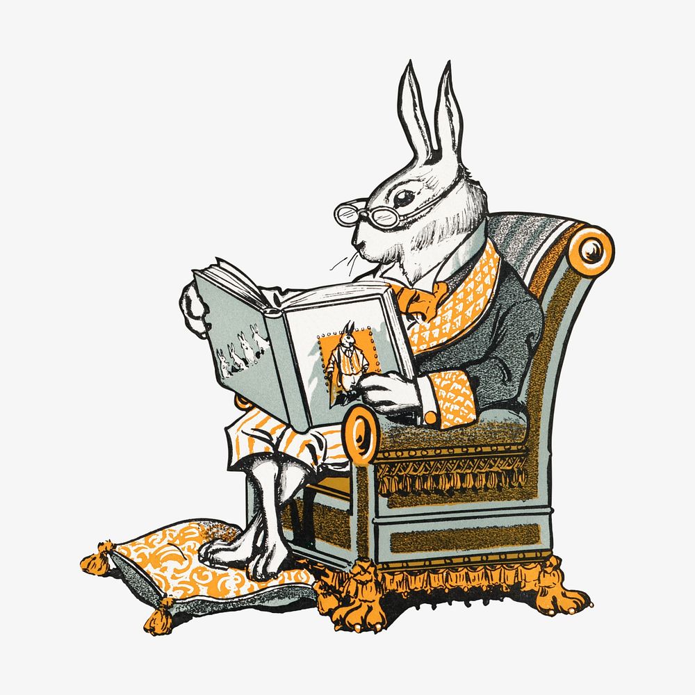 Mr Bunny, his book, rabbit illustration by W.H. Fry. Remixed by rawpixel.