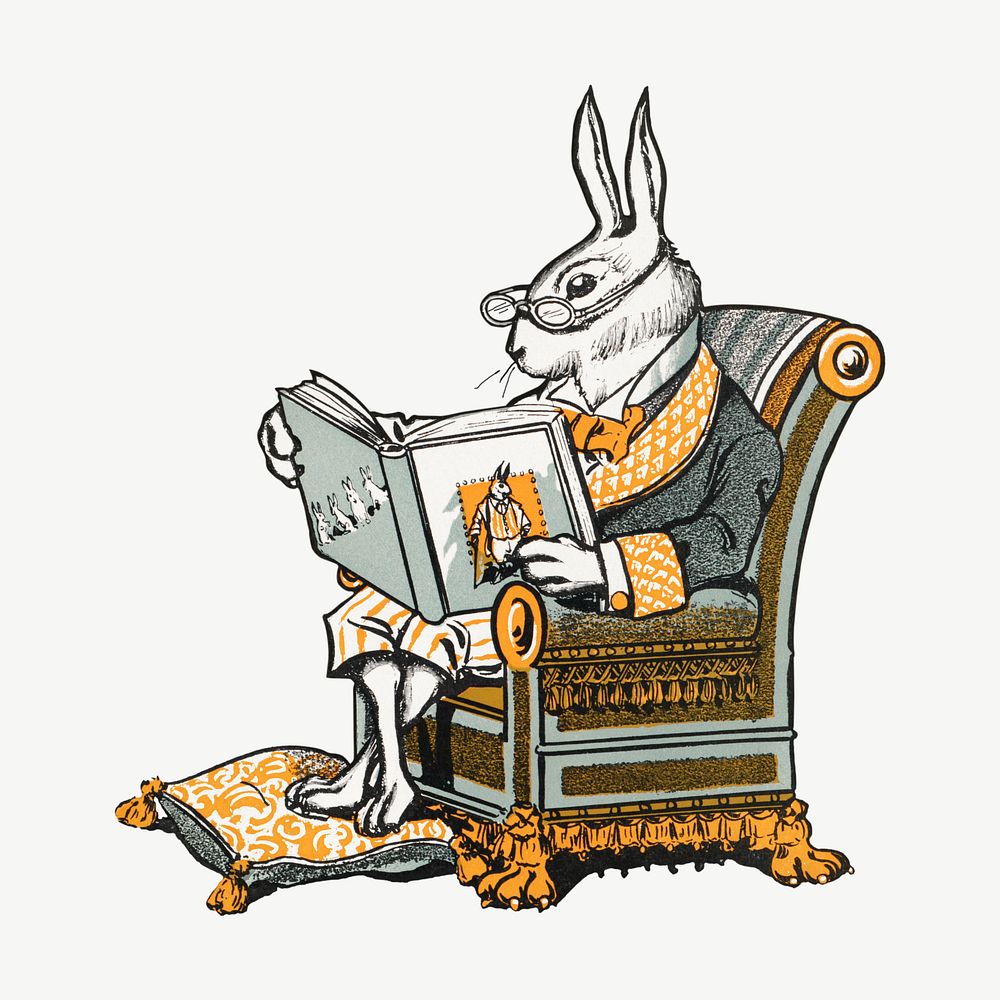 Mr Bunny, his book, rabbit illustration by W.H. Fry psd. Remixed by rawpixel.