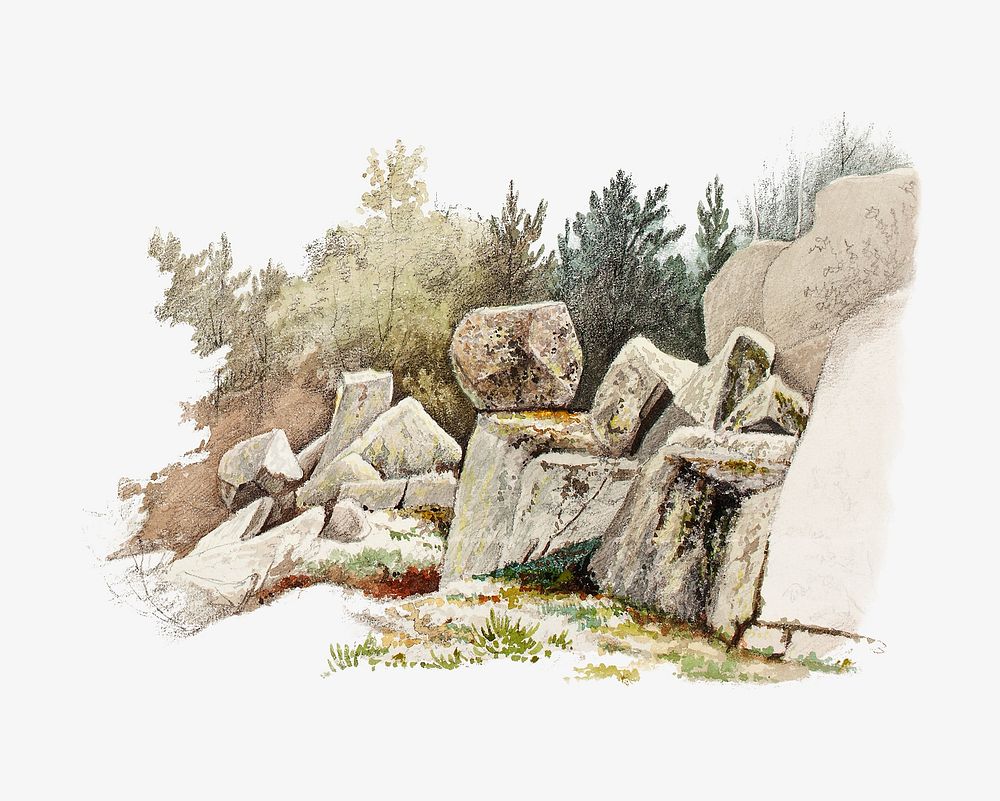 Rocks in forest watercolor illustration element. Remixed from Magnus von Wright artwork, by rawpixel.
