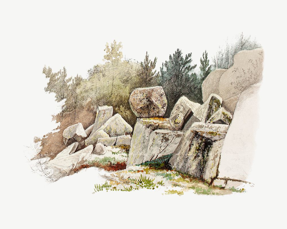 Rocks in forest watercolor illustration element psd. Remixed from Magnus von Wright artwork, by rawpixel.