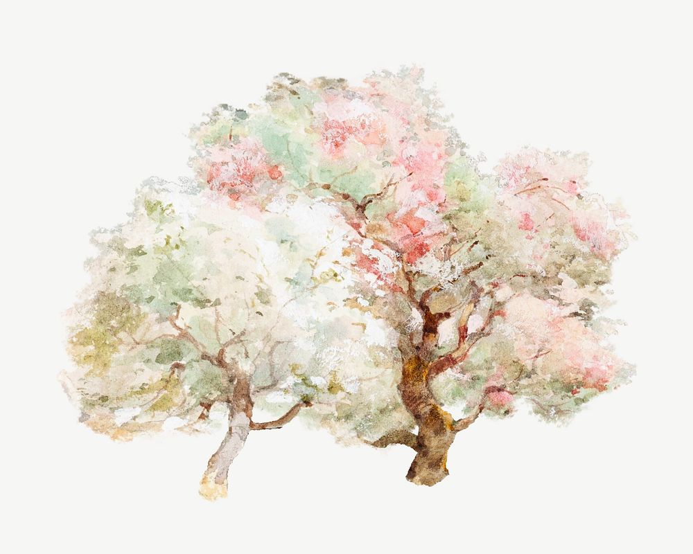 Blooming spring trees watercolor illustration element psd. Remixed from Joseph Rubens Powell artwork, by rawpixel.