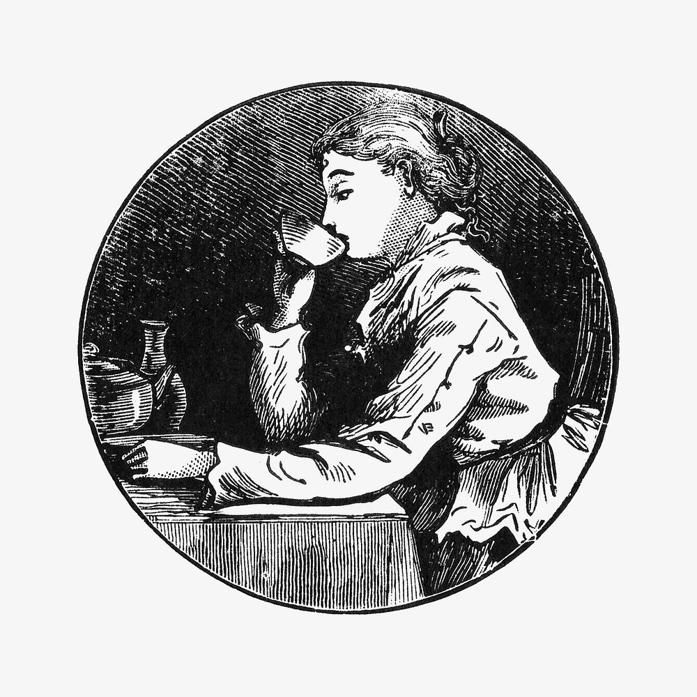 Vintage woman drinking tea illustration. Remixed by rawpixel. 