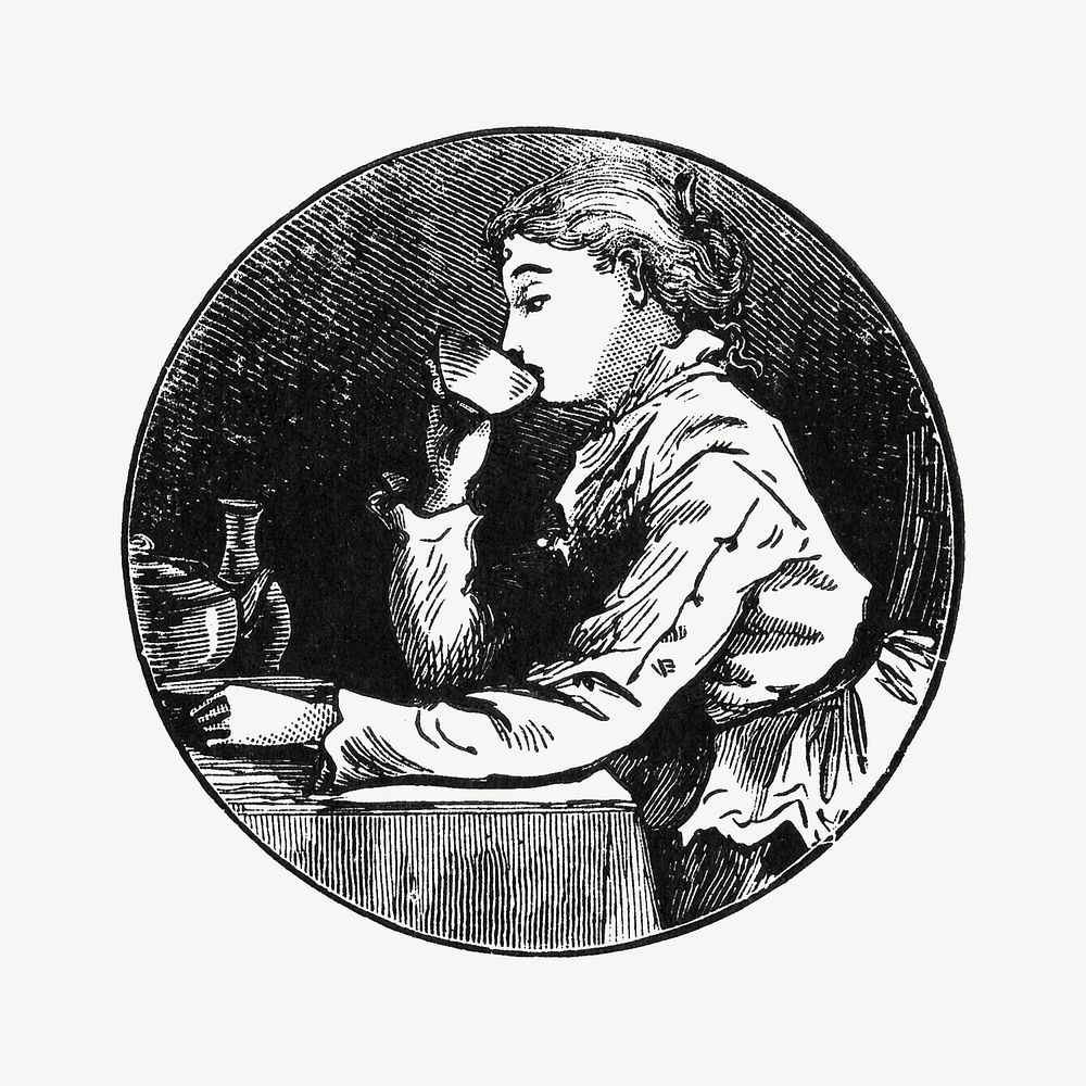 Vintage woman drinking tea illustration psd. Remixed by rawpixel. 