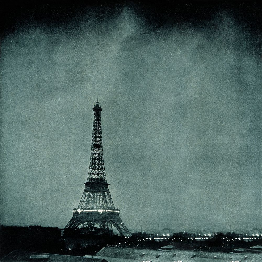 Lightning striking Eiffel Tower background, vintage photograph. Remixed by rawpixel.