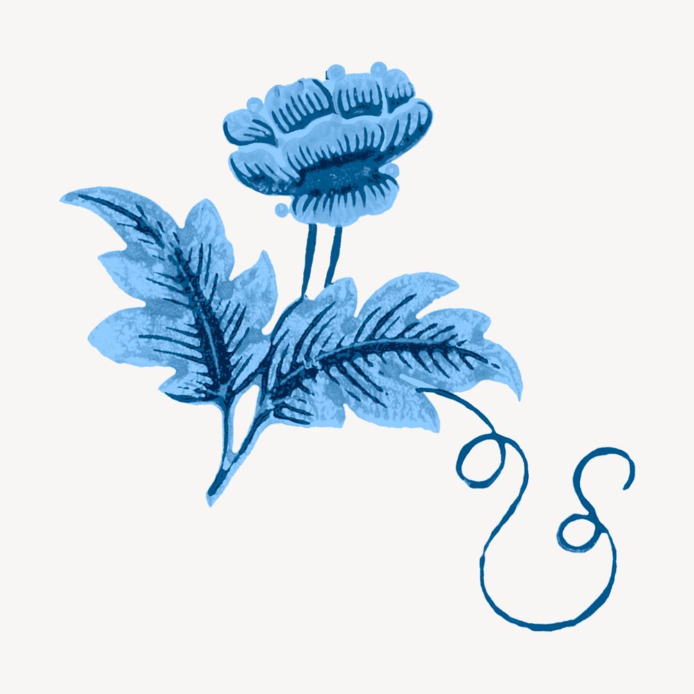 Vintage decorative peony painting, blue, monochromatic psd