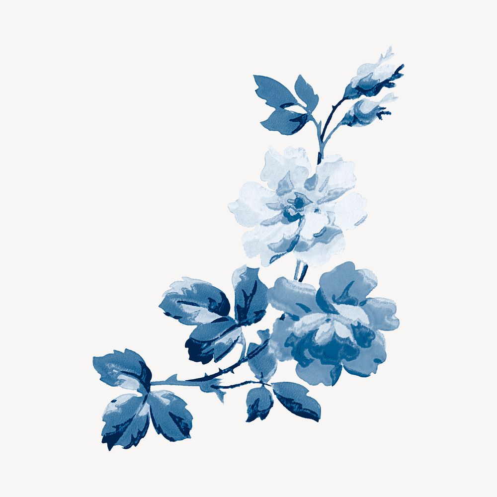 Aesthetic vintage flower painting, blue, monochromatic psd
