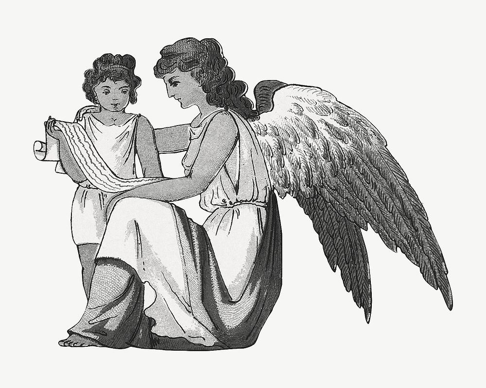 Angel with her son, vintage illustration psd.  Remixed by rawpixel. 