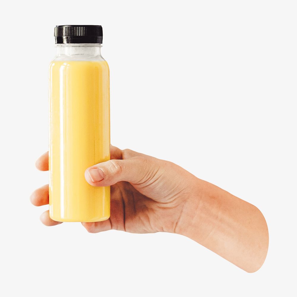 Woman holding a bottle of orange juice isolated image