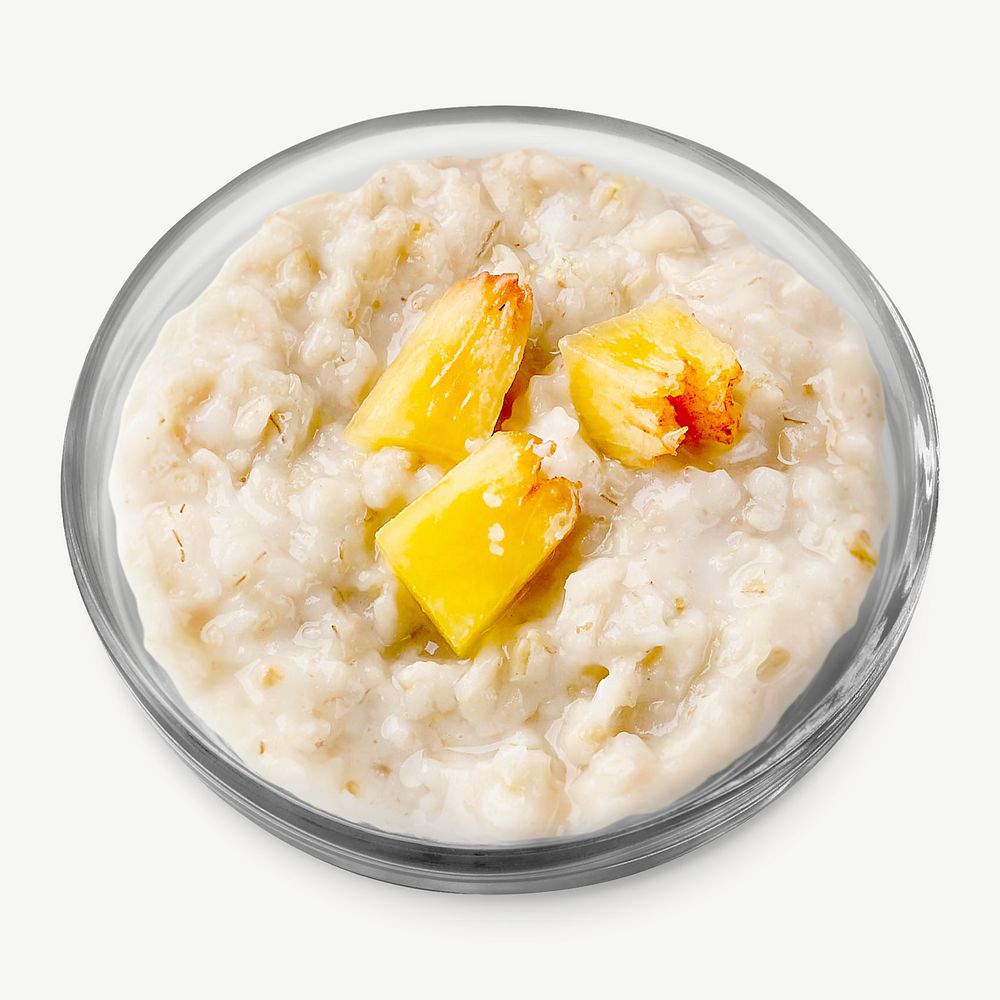 1/4 cooked oatmeal topped with 3 peach cubes (1/2 oz eq grains) collage element psd.