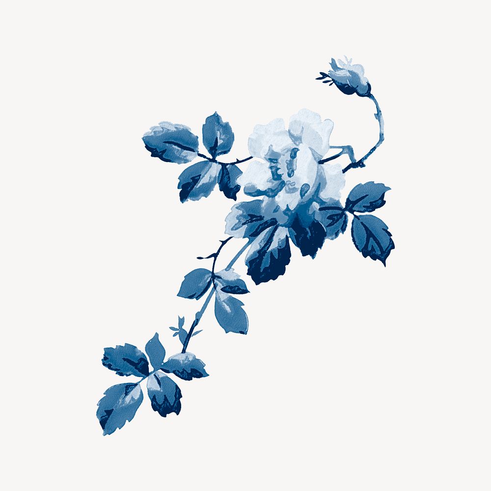 Aesthetic vintage flower painting, blue, monochromatic psd