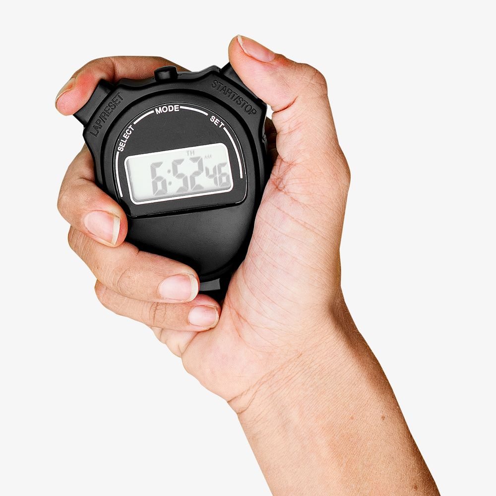 Closeup of hand holding stop watch stop watches image element