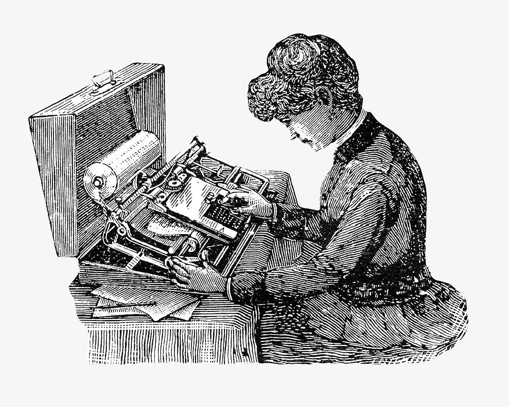 Vintage woman using typewriter illustration. Remixed by rawpixel. 