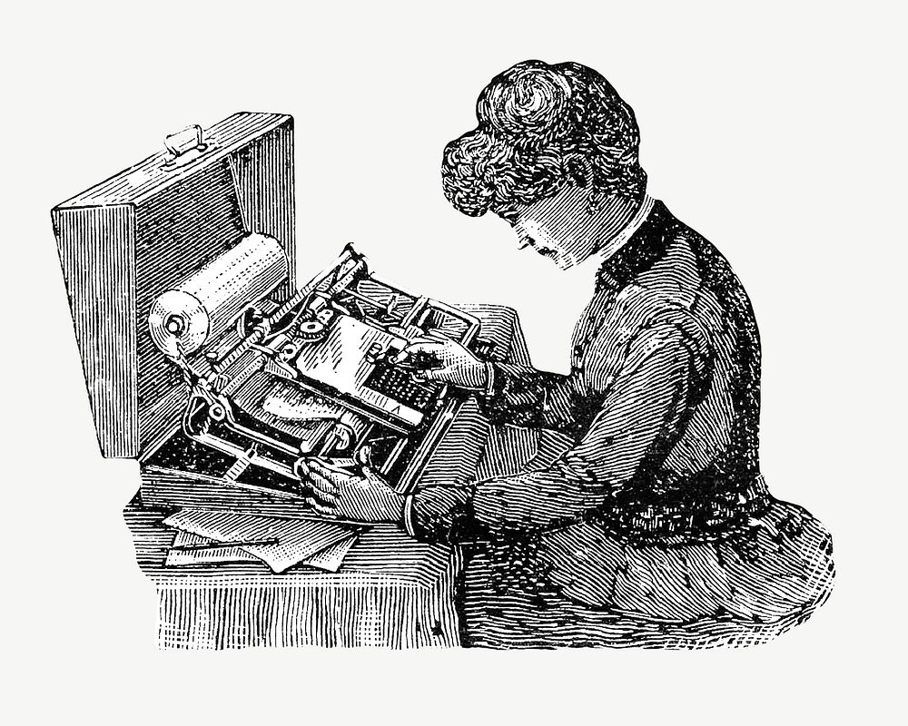 Vintage woman using typewriter illustration psd. Remixed by rawpixel. 