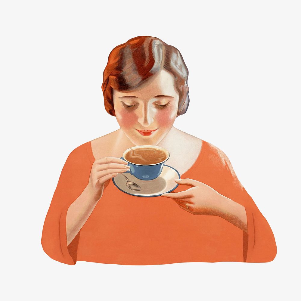 Vintage woman drinking tea chromolithograph art illustration. Remixed by rawpixel. 